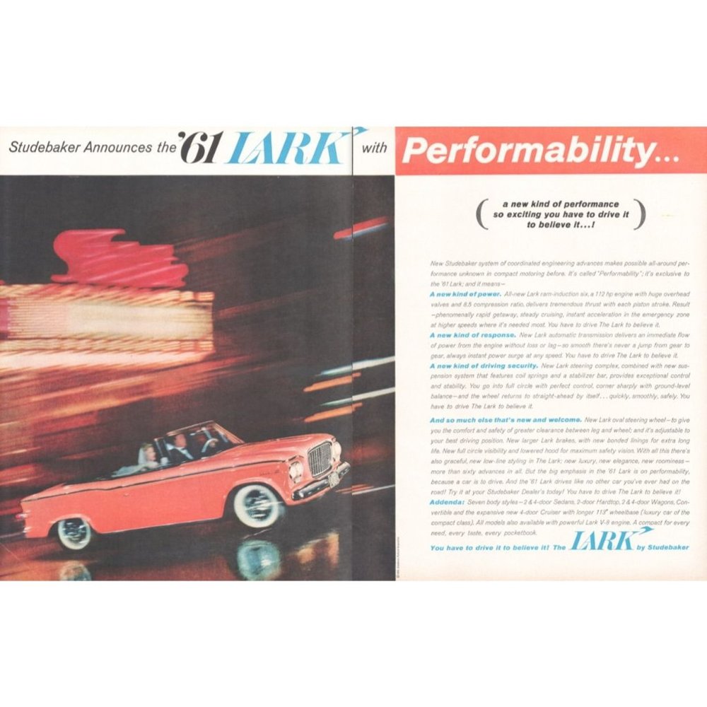 1961 Studebaker Lark Convertible 2 Page Vintage Print Ad Time Lapse Wall Art 60s